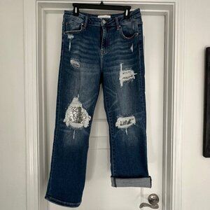 Risen Eras Tour Dark Wash Mid Rise Sequin Patch Tapered Jeans